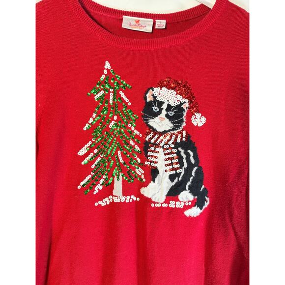 Quacker Factory Red Sequin Kitty Cat with Christmas Tree Cotton Sweater size L - Picture 2 of 6